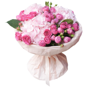 Букет із гортензії та кущової півонієподібної троянди