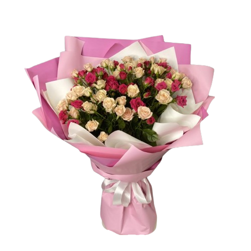 Букет із 9 кущових троянд у червоних, рожевих та кремових відтінках