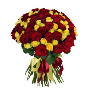 Мікс із 75 червоних та жовтих троянд «Огняне сяйво»