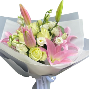 Вишукана композиція з лілій, троянд та еустоми "Аврора"