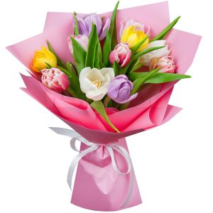 Букет із 11 різнокольорових тюльпанів