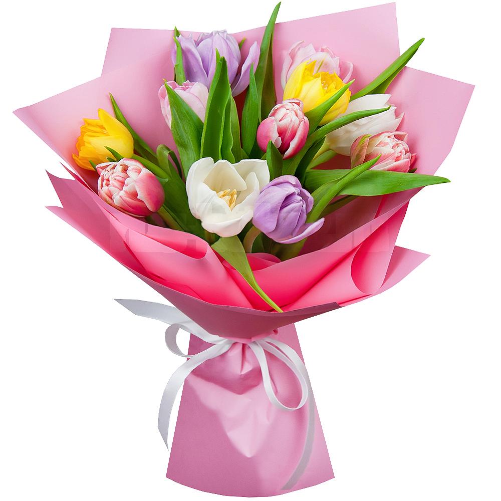 Букет із 11 різнокольорових тюльпанів