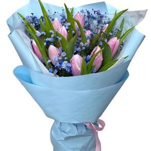 Букет із 11 тюльпанів та гіпсофіли