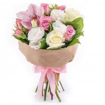 Ніжний мікс орхідей, троянд і еустоми