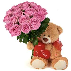 Букет із 21 рожевої троянди та ведмедика