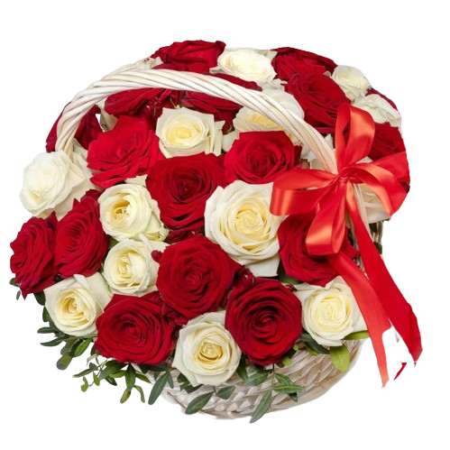 45 червоних та білих троянд в кошику