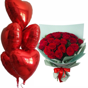 Букет із 25 червоних троянд та 5 гелевих кульок у вигляді серця