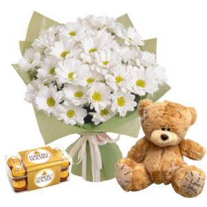 Композиція з хризантем, м’якого ведмедика та Ferrero Rocher