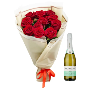 11 червоних троянд і пляшка шампанського "Ідеальний вечір"