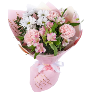 Квіткова композиція з діантусу, хризантеми та альстромерії