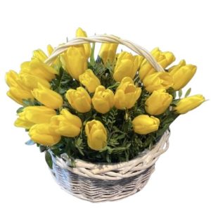 Кошик із 35 жовтих тюльпанів