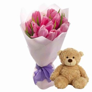 Букет із 11 тюльпанів з ведмедиком
