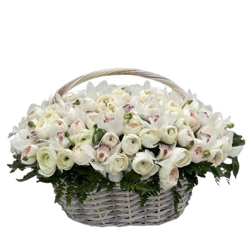 Кошик із 101 ранункулюса та орхідеї