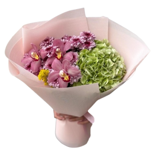 Букет із гортензії, хризантеми та орхідеї