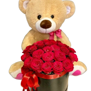 Композиція із 25 червоних троянд в коробці та ведмедик
