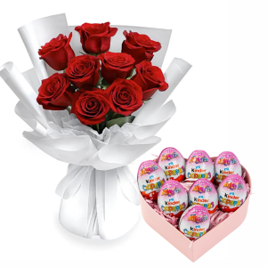 Букет із 9 червоних троянд і солодкий сюрприз Kinder
